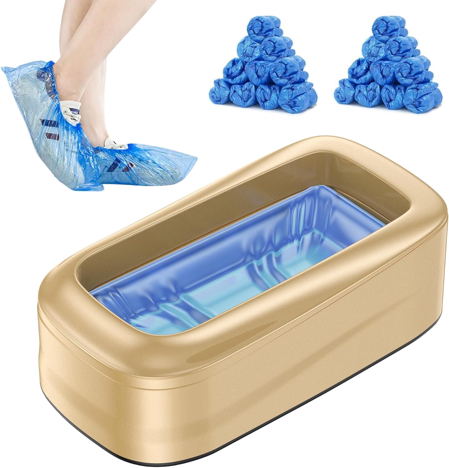 Upgraded Large Automatic Shoe Cover Dispenser, Waterproof & Non-Slip with 200 Disposable Covers, Fits Men’s Shoes to Size 12, Heavy Duty for Home, Office, Factory, Indoor Use, Gold Decorative Design