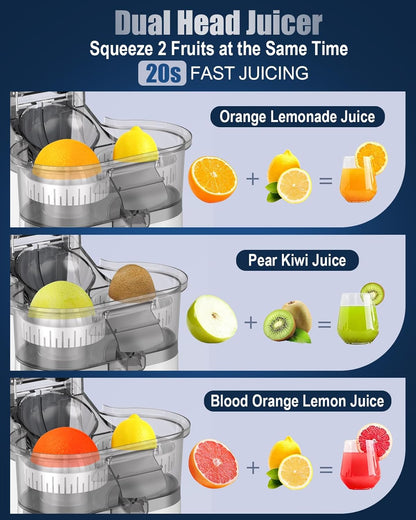 Electric Juicer Machines with Double Head and Built-in Fruit Cutter, Fast Citrus Juicer for Oranges, Lemons, Limes & Grapefruits, Powerful Lemon Juicer for Home, Kitchen and Daily Fresh Drinks