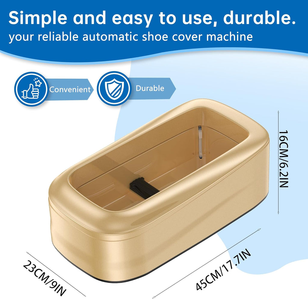 Upgraded Large Automatic Shoe Cover Dispenser, Waterproof & Non-Slip with 200 Disposable Covers, Fits Men’s Shoes to Size 12, Heavy Duty for Home, Office, Factory, Indoor Use, Gold Decorative Design