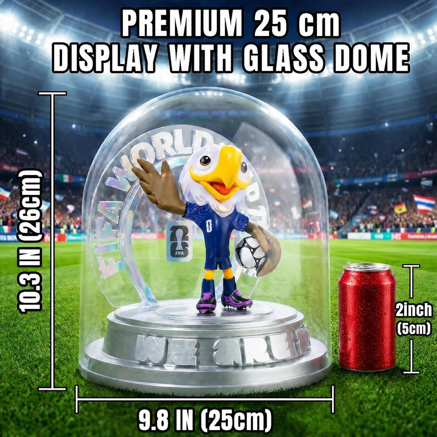 FIFA Official Licensed World Cup 2026 USA Mascot Clutch the Bald Eagle 10.3" Display Statue, Custom Laser Engraved Text & Logo with Acrylic Dome, Personalized Gift for Soccer Fans (Clutch)