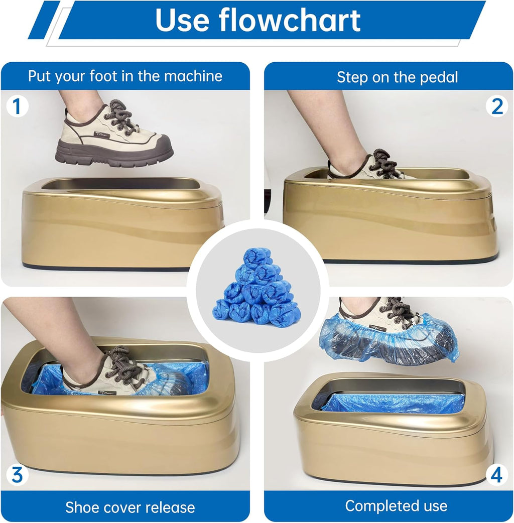 Upgraded Large Automatic Shoe Cover Dispenser, Waterproof & Non-Slip with 200 Disposable Covers, Fits Men’s Shoes to Size 12, Heavy Duty for Home, Office, Factory, Indoor Use, Gold Decorative Design